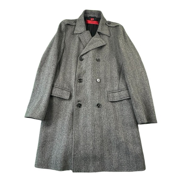 Hugo Boss Gray Herringbone Marke Wool Blend Double Breasted Topcoat Size 42R